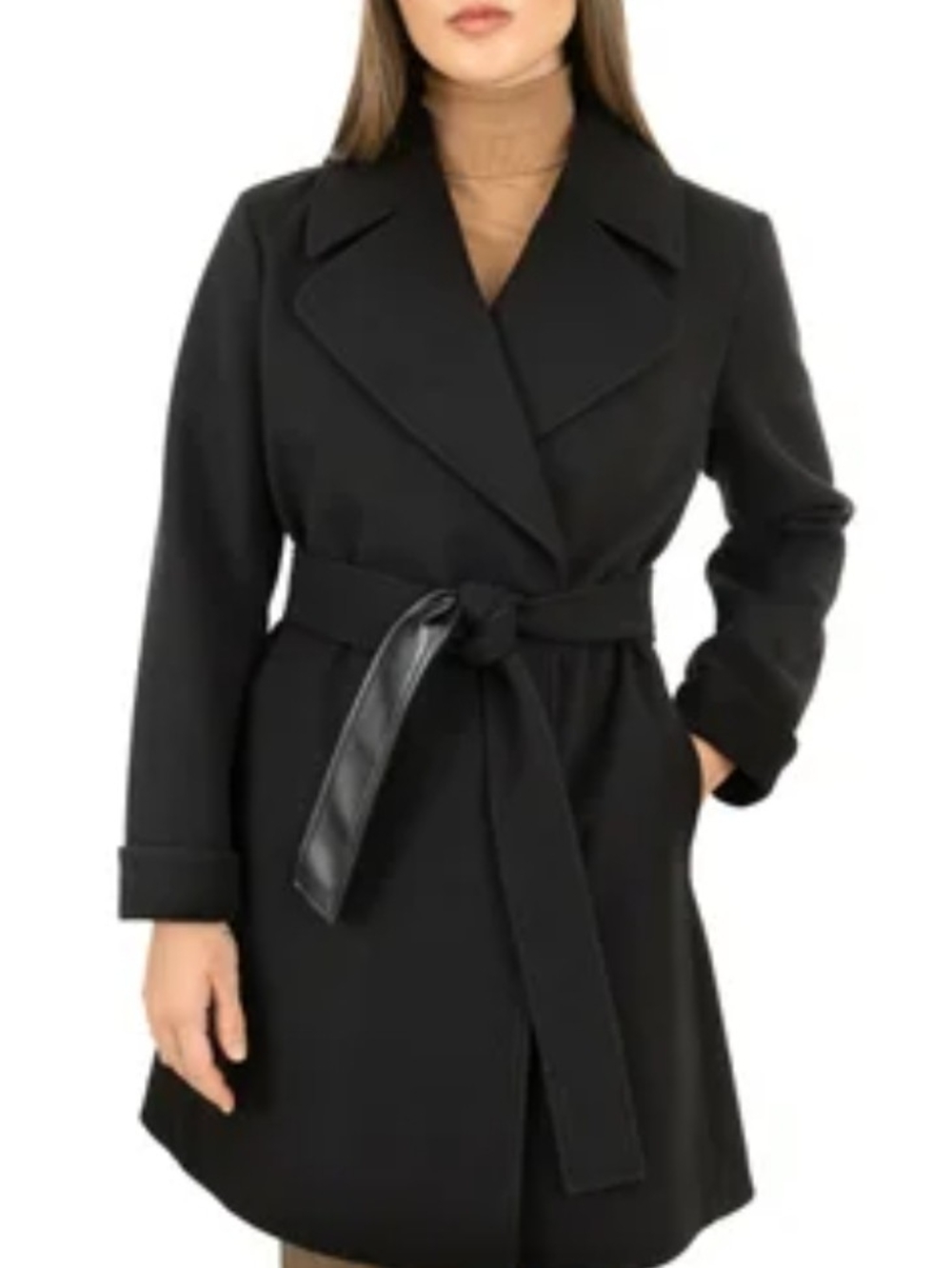Frye Black Belted Trench Coat with Faux-Leather Accent